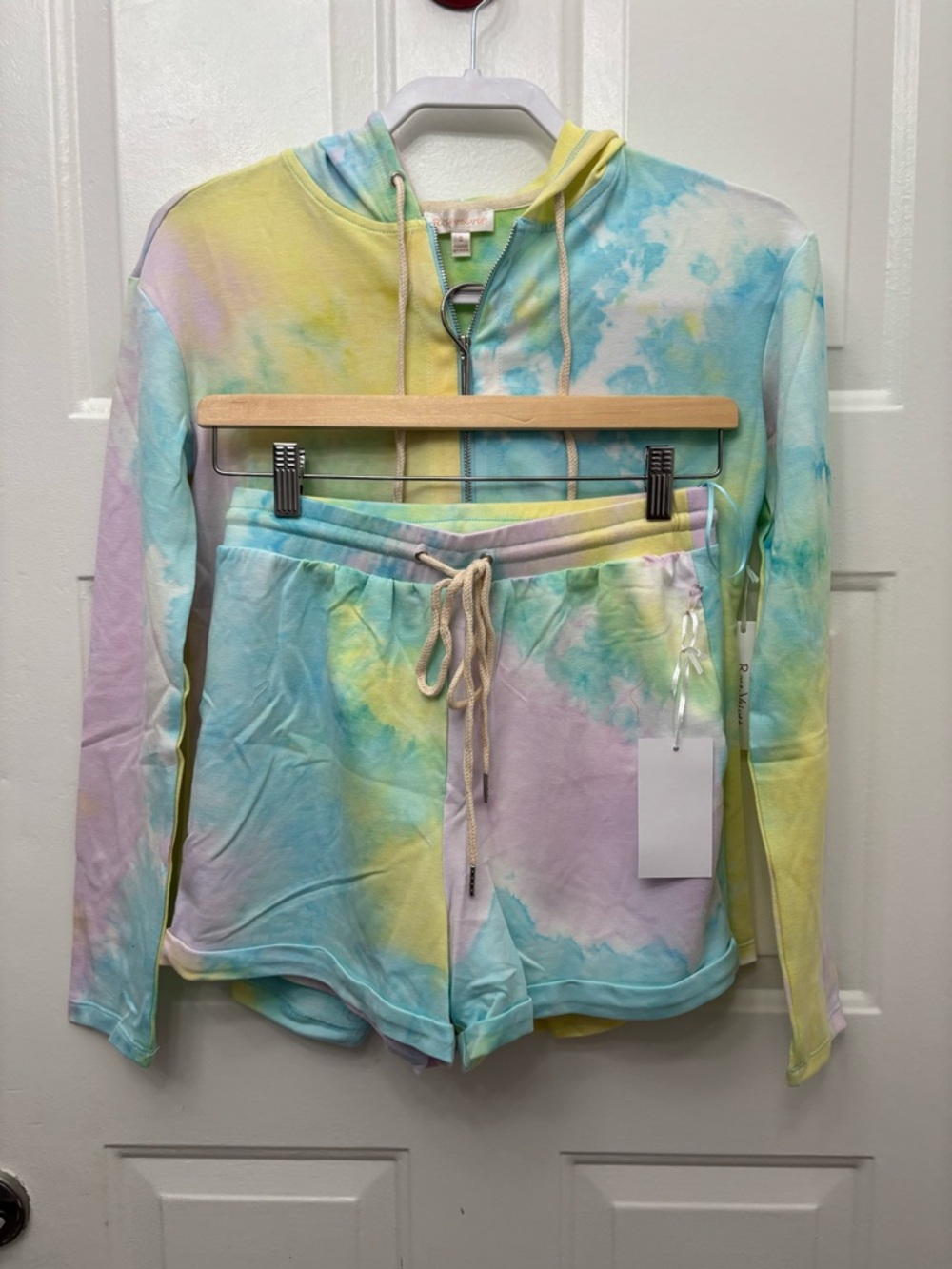 Rose Velvet Pastel Tie-Dye Crop Hoodie Top/Bottom Set - Yellow, Blue, Pink